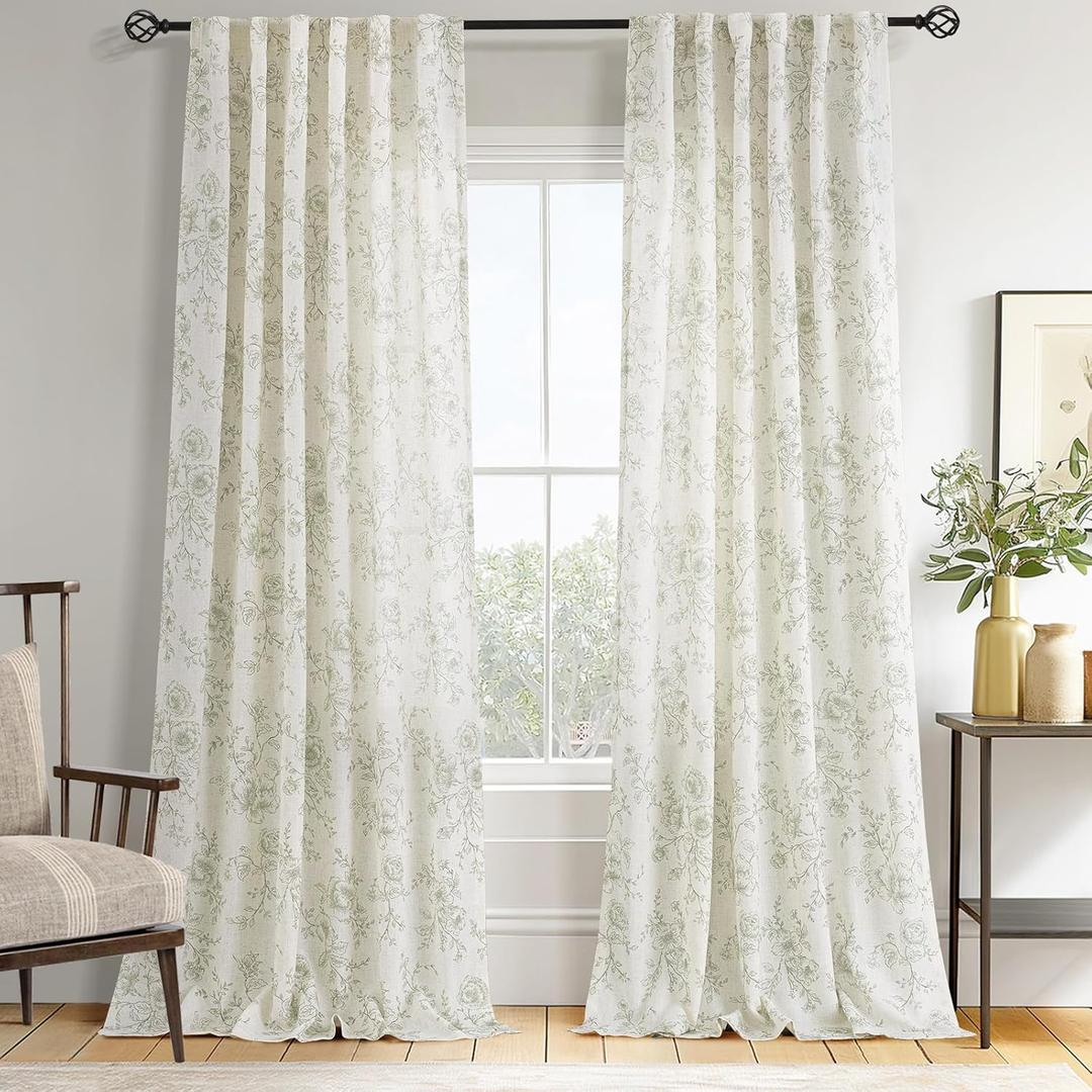 Green Floral Curtains 108 inch Length Back Tab Farmhouser Living Room Light Filtering Curtains Green Pattern Print on Cream White Linen Curtain Minimalist Aesthetic Sketch Style Vintage Room Decor