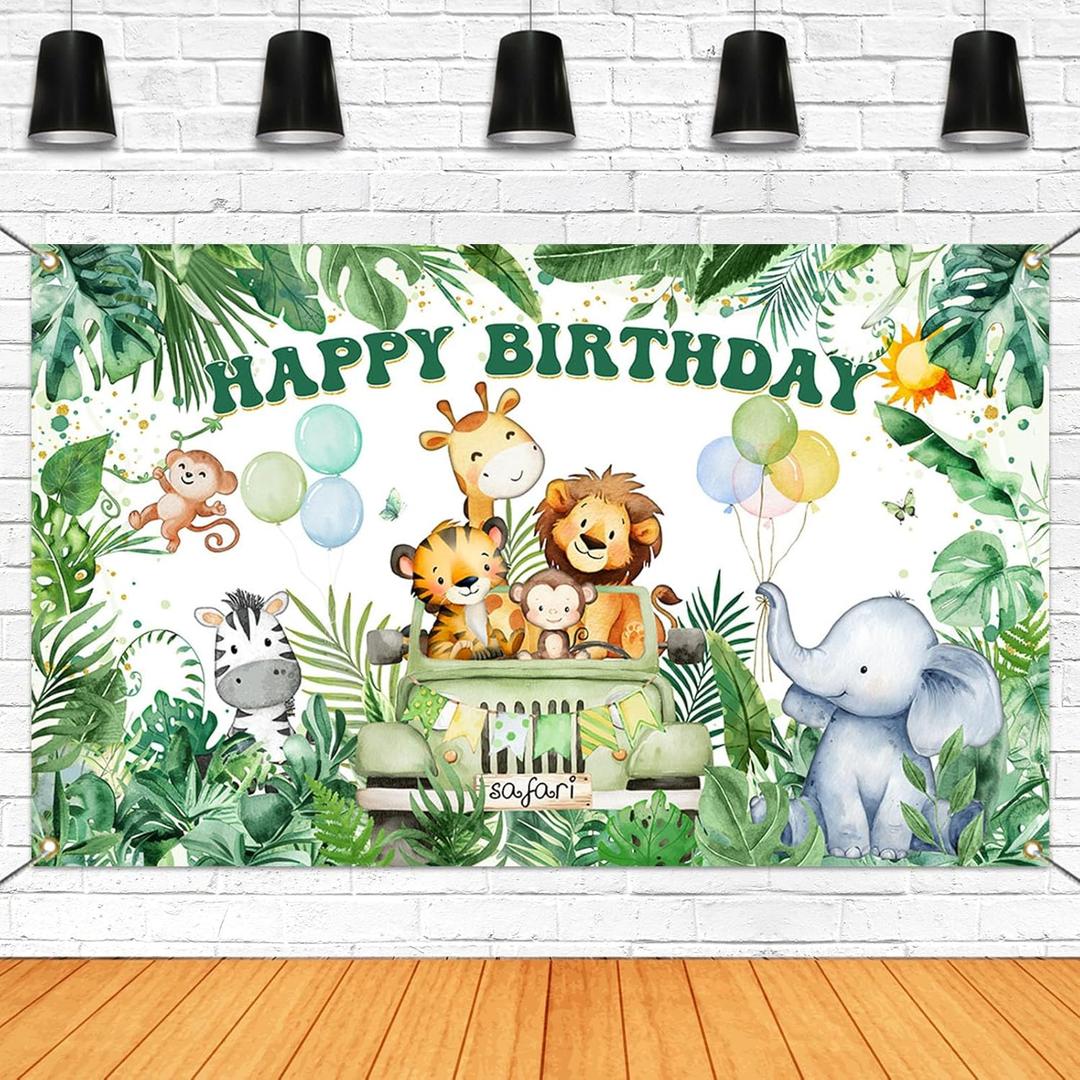 Mocsicka Safari Happy Birthday Banner - Jungle Animal Birthday Party Decorations Banner, Animal Themed for Kids Boys Birthday Party Background Photography Supplies (Greenery, 70.8 x 43.3 Inch)