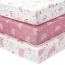 Baby Mini Crib Sheets Girl, Portable 38x26 Pack and Play Sheets Fitted for Playard and Pack N Play Mattress, 3-Pack Soft Microfiber Pink Rainbow