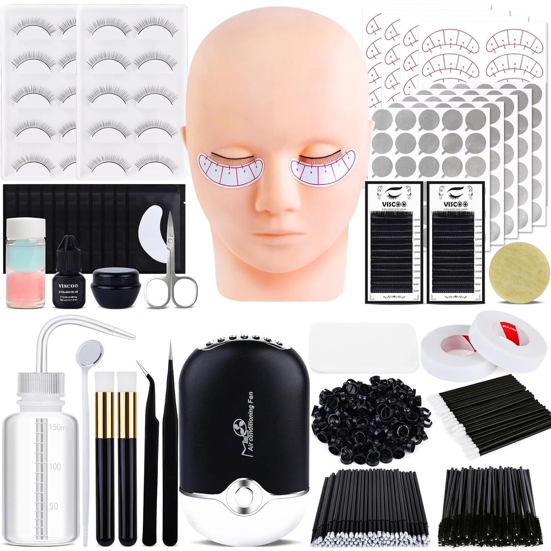 Eyelash Extension Kit for Beginners, Professional Lash Extension Kit with Mannequin Head, Lash Starter Kit with Lash Fan, Lash Extension Supplies for Practice Training Kit(Black)