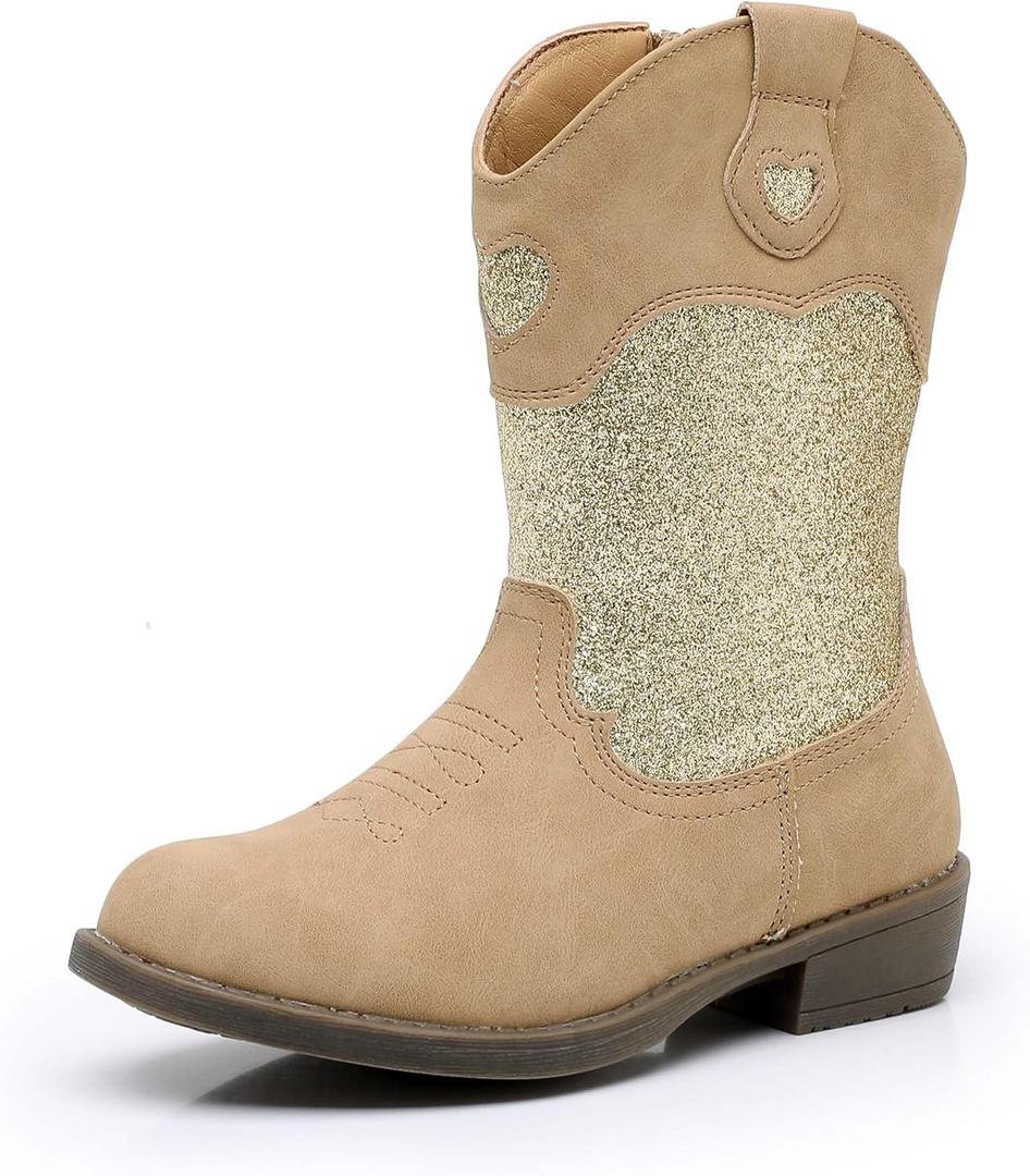 Ahannie Girls Cowboy Boots Western Cowgirl Boots for Girls with Side Zipper Boot for Toddler/Little Kid/Big Kid (Khaki/Glitter) 11