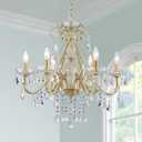 Bestier Gold Vintage Candle Chandelier Crystal Lighting Fixture Lamp for Dining Room Bathroom Foyer Livingroom 6 E12 Bulbs Required D24 in x H26 in