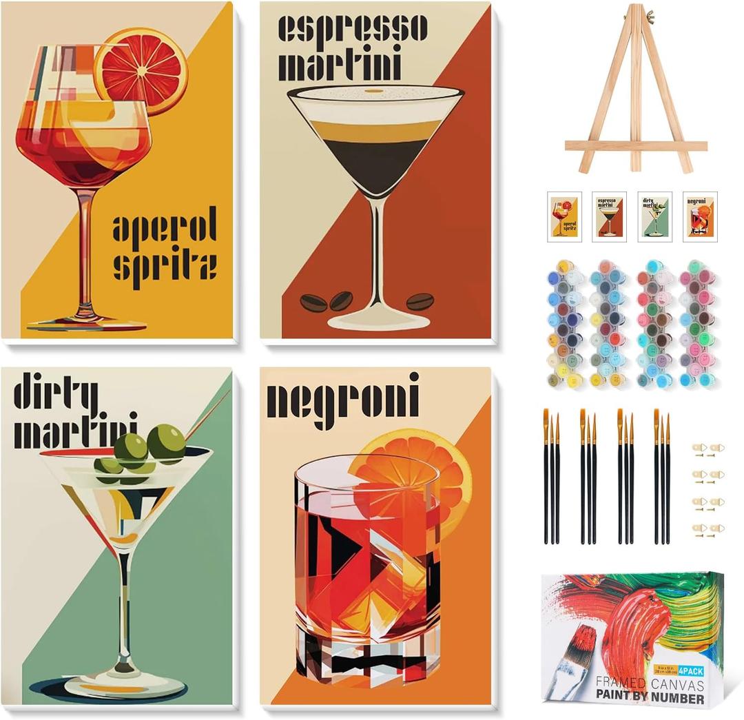 4 Pack Framed Paint by Numbers Kit for Adults with Wooden Easel, Cocktail Paint by Numbers with Frame for Beginner, Retro Cocktail Adult Paints by Number Kits on Canvas Framed for Wall Decor 8 x 12 In