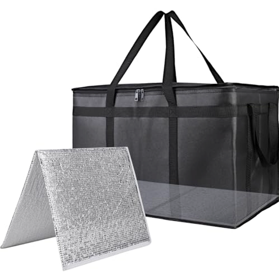 Bodaon 1PK Thermal Insulated Food Delivery Bag with Hard Bottom - 3X-Large Catering Cooler Bag for Hot and Cold Meals - Ideal for Commercial Pizza Transport, Grocery, Restaurants, and Events. Black