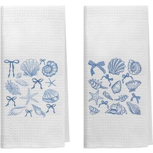 Blue Coquette Bow Seashell Beach Kitchen Towels, Preppy Coastal Beachy Dish Tea Towels for Kitchen Decor, Nautical Ocean Conch Decorative Hand Towels for Bathroom, 16x24 Inch Set of 2