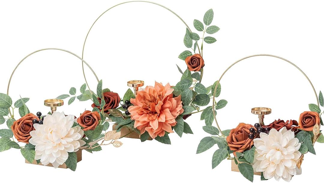 Ling's Moment Candle Holder Hoop Terracotta Wreath Floral Centerpieces for Sweetheart Table, Head Table, Ceremony Reception Artificial Flowers Decorations Assembled(Set of 3)