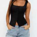 REORIA Womens Going Out Tops Cute Ribbed Button Down Square Neck Sleeveless Vest Crop Tank Top (Black, S)