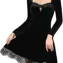 TSMNZMU Gothic Lolita Dress Velvet Long Sleeve Vintage Vampire Dresses Punk Grunge Witchy Dress Emo Alt Fairy Dress (Black, XXL)