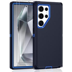 Jshru for Samsung Galaxy S24 Ultra Case with [2 Pack] HD Screen Protector, [MilitaryGrade] Shockproof Dust/Drop Proof 3Layer Full Body Protection Heavy Duty Case for S24 Ultra, Navy