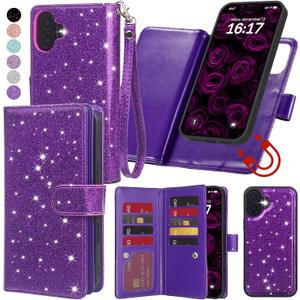 Varikke for iPhone 16 Wallet Case Detachable with RFID Blocking Card Holder for Women, Glitter PU Leather Wrist Strap Strong Magnetic Flip Wallet Removable Phone Case for iPhone 16 6.1", Dark Purple