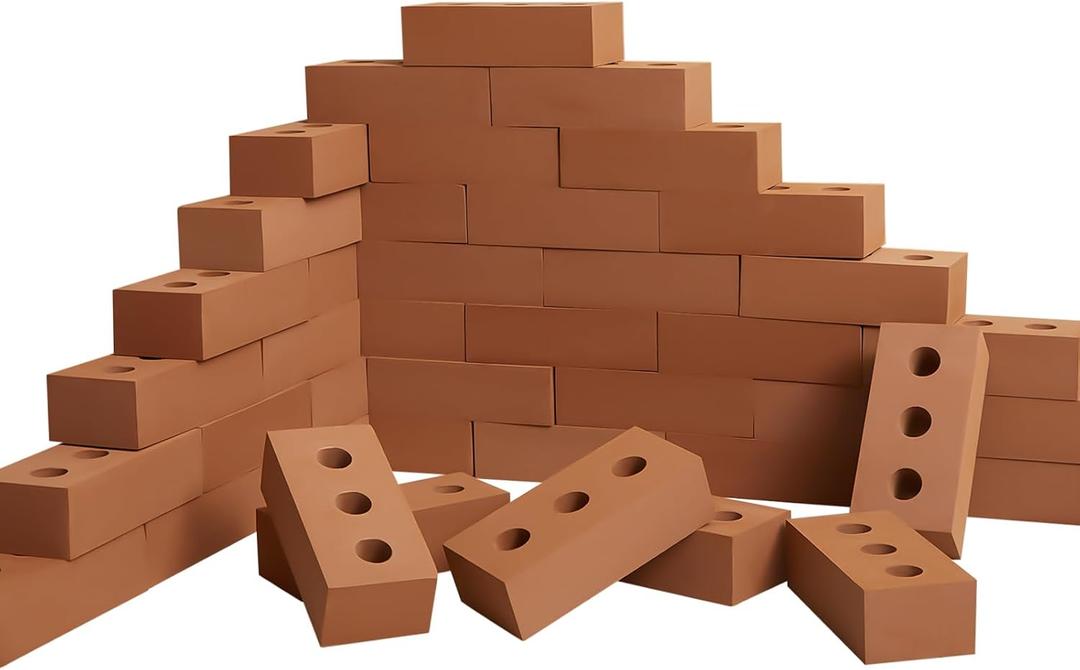 Deekin 40 Pcs Foam Brick Building Blocks for Kids Thick Blocks Foam Large Fake Brick Construction Toy for Stacking Construction, 8 x 4 x 2.4 in (Circle Holes)