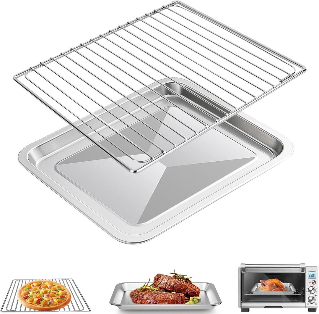 Air Fryer Rack and Tray Replacement for Breville Oven BOV845BSS, 14''x 11.6''&11.77''*11.77', Air Fryer Grill Set Stainless Steel Basket Wire Rack Accessories Parts, Dishwasher Safe