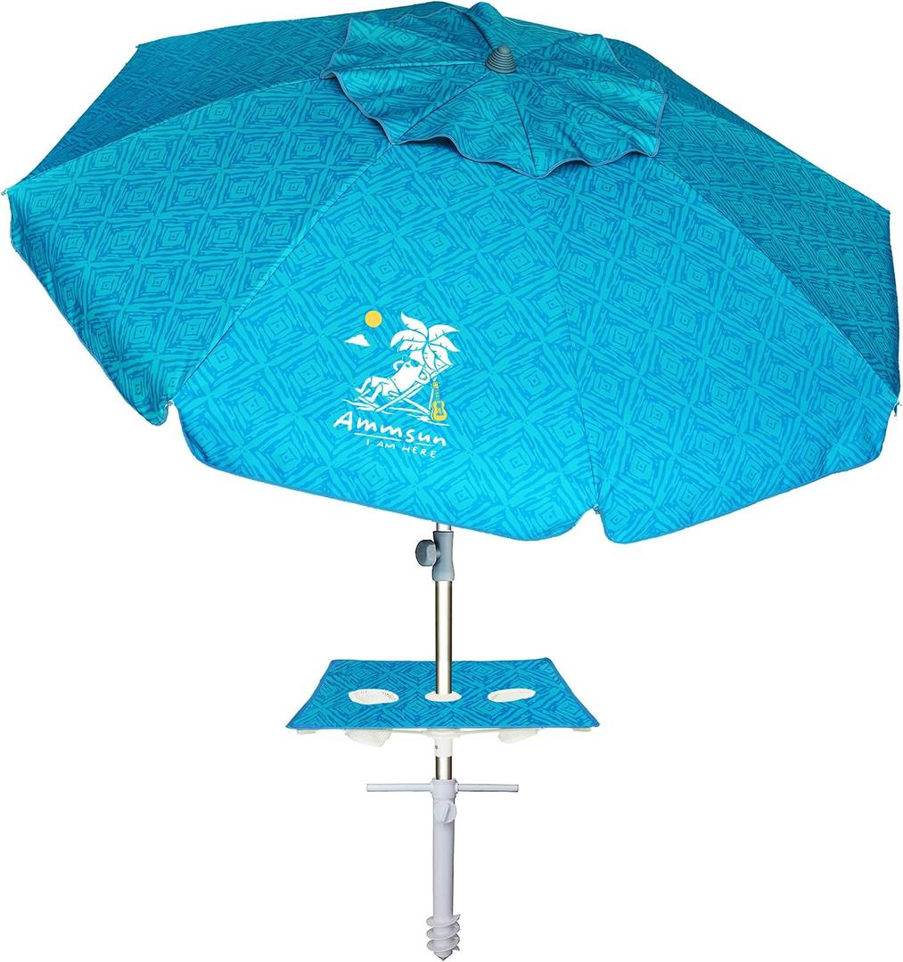 AMMSUN Beach Umbrella with Sand Anchor & Table Tray, Portable Heavy Duty 6.5ft Sun Outdoor Umbrella, UV 50+ Protection, Carry Bag for Beach, Patio, Pool and Garden, Sky Blue Paint