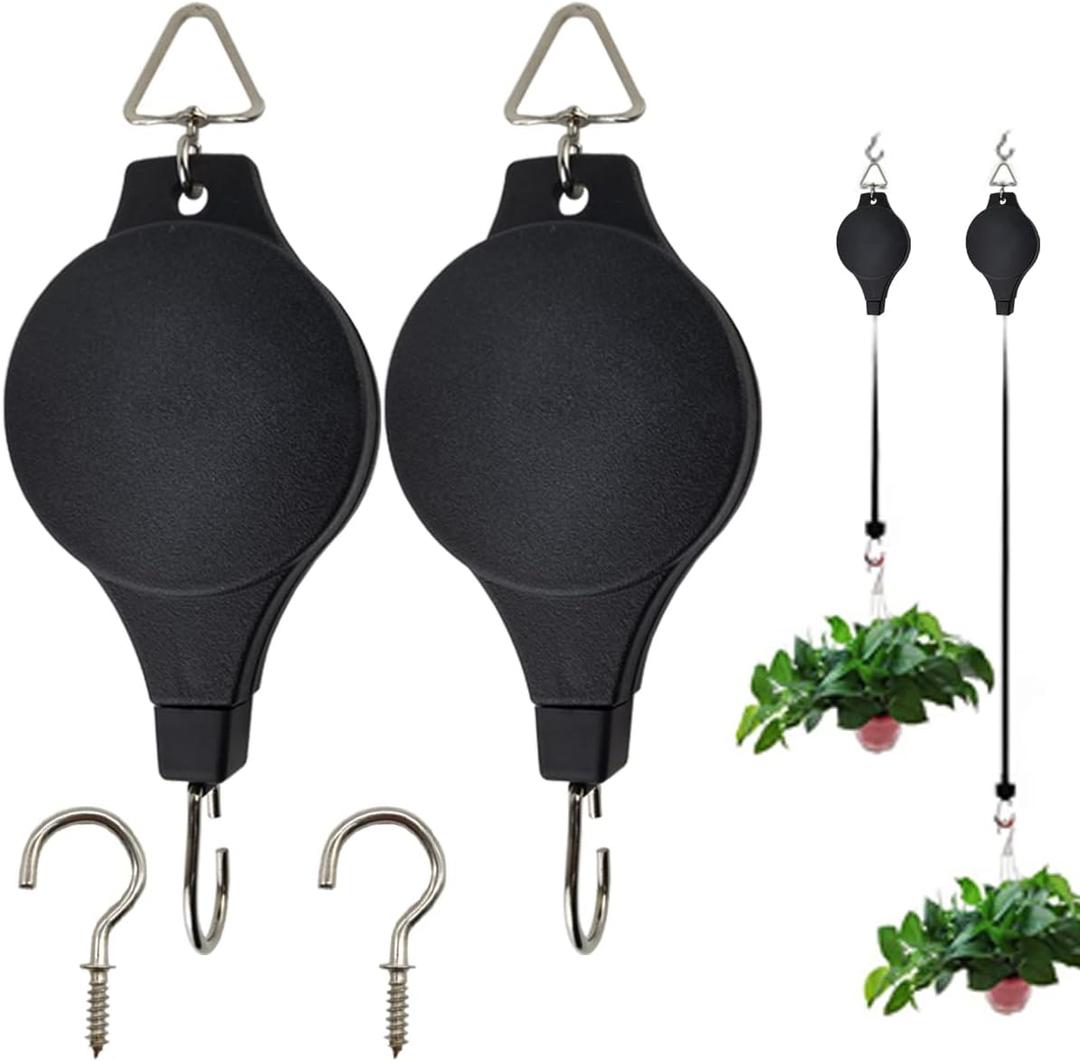 GXXMEI 2PCS Retractable Pulley Plant Hanger with 2PCS Ceiling Hooks Plant Pulley Hanging Flower Basket Hook Hanger for Garden Baskets Pots and Birds Feeder in Different Height