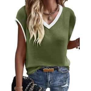 Imily Bela Summer Cap Sleeve Sweater Vest for Women Casual V Neck Sleeveless Knit Pullover Tank Tops 2025 Spring Shirts (Small, Army Green)