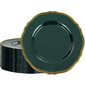 Hioasis 60pcs Green Plastic Plates - Green and Gold Disposable Dinnerware with Gold Rim, Heavy-duty, 10.25 inch, Dinner Plates for Party & Wedding