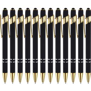 LINFANC 12 Pack Black Gold Ballpoint Pen with Stylus Tip, 1.0 mm Black Ink Smooth Writing Pens, Metal Stylus Pens for Touch Screens