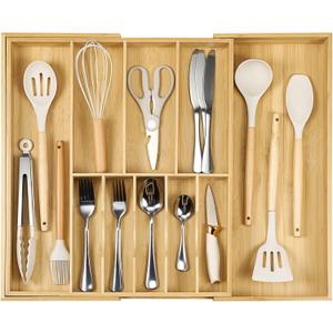 Fabsome Silverware Organizer for Cabinet Drawer, Expandable from 16.7'' to 30'' Wide Bamboo Wood Flatware Tray for Large Kitchen Drawers, Cutlery Utensil Holder