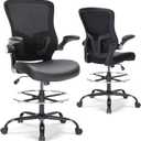 Drafting Chair, Tall Office Chair with PU Leather Seat, Ergonomic Standing Desk Chair with Lumbar Support Counter Height Office Chair with Adjustable Footrest Ring Flip-up Armrests