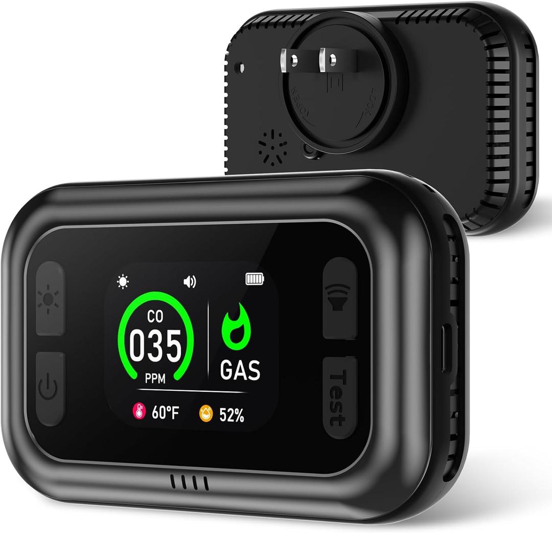 5 in 1 Carbon Monoxide Detectors, Natural Gas Detector with Dual Alarm & Bulit-in Battery, Propane CO Detector Plug in (Temp & Humidity) for Home RV Camping Travel (Black)