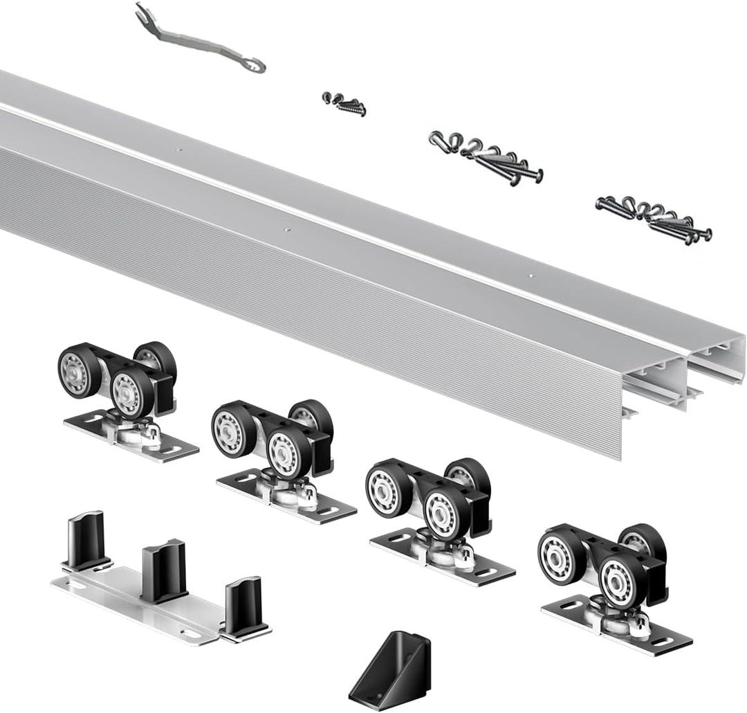 Heavy Duty Bypass Sliding Closet Door Track Hardware 72",6FT Aluminium Pocket Door Track Rail Set, Smoothly and Quietly, for 2 Door System