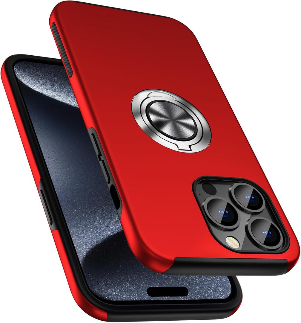 PELEPUES Shockproof Case for iPhone 15 Pro Max, [Embedded Finger Ring] Military Grade Phone Case Cover with Reinforced Metal Stand Kickstand [Support Magnetic Car Holder] for iPhone 15 6.7'', Red