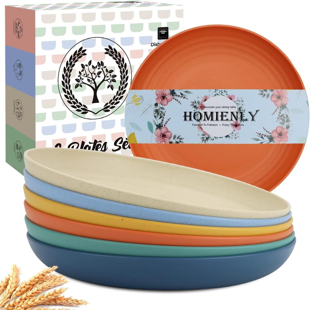 Homienly Deep Plate Set 6 PCS Reusable Dinner Plates Alternative for Plastic Plate Microwave and Dishwasher Safe Wheat Straw Plates for Kitchen Unbreakable 10 Inch Salad Plates for Outdoor (Multi)