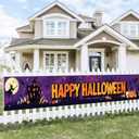 Happy Halloween Banner Halloween Decorations Outdoor Yard Banner Purple Moon Scene Witch Pumpkin Ghost Skull Bat Backdrop 118x20 Inch for Fence Garden Porch Party Wall Decor