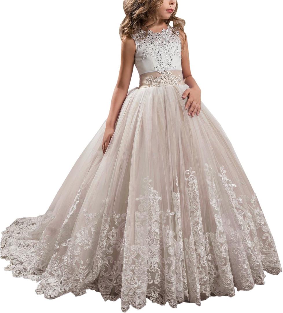 Princess Champagne Long Girls Pageant Dresses Kids Prom Puffy Tulle Ball Gown US 4