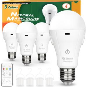 Neporal MagicGlow Rechargeable Light Bulbs with Remote, 3 Colors Shift + Stepless Dimmable Battery Powered LED Bulbs, USB Rechargeable, A19 Emergency LED Light Bulbs, 15W, Up to 24 Hours