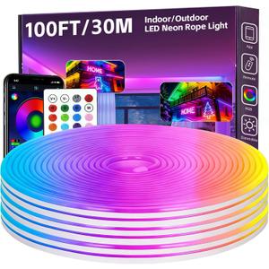 100FT RGB LED Neon Rope Lights, App & Remote Control, Flexible Waterproof IP65 Led Strip Lights, Music Sync Color Changing Multiple Modes Neon Lights for Bedroom Gaming Room Indoor & Outdoor Decor