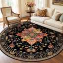 RELEANY Area Rugs 6ft Washable Non-Slip, Floral Vintage Distress Print Pattern Medallion Carpet for Living Room Bedroom Dining Room, Black Colorful Floral Dark Tan