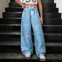 Baby Girl Wide Leg Faux Denim Pants Elastic Waist Embroidery Loose Fit Casual Jeans with Pockets Basic Jeans, 7Y