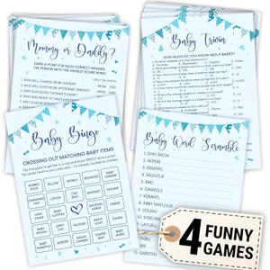 Hilarious Baby Shower Games Boy - 4 Funny Baby Games For Baby Shower Boy Decorations, Baby Shower Bingo Games Boy, Blue Baby Trivia Card, Baby Word Scramble Mommy Or Daddy Game For 25 Guests
