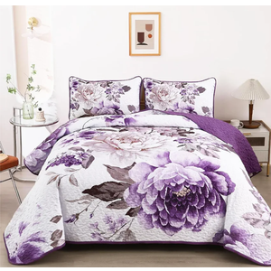 WONGS BEDDING Floral Quilt Set Purple Queen,Quilted Printed Lightweight Bedspread Bedding Set for All Season,3 Pieces Reversible Botanical Plant Coverlet Set with 2 Pillow Shams