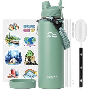 Swigina [2-IN-1 LID] Insulated Water Bottle with Silicone Boot (36hrs Cold/18hrs Hot) - DIY Stickers, Leakproof, BPA Free, 40 oz (Soft Green)