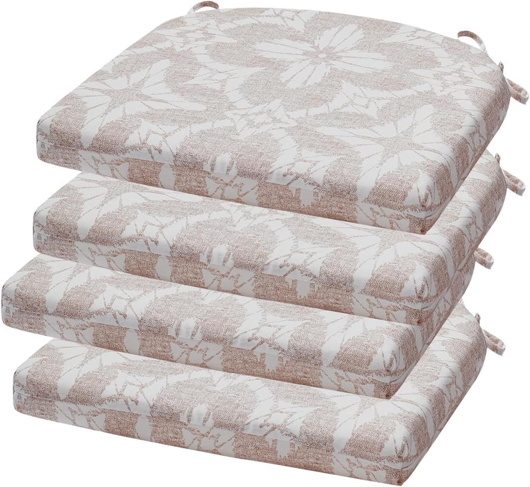 Outdoor Chair Cushions Set of 4, 17 x 16 Inch Patio Chair Cushions for Outdoor Furniture, Water Resistant, Non-Slip Ties(Beige Floral)