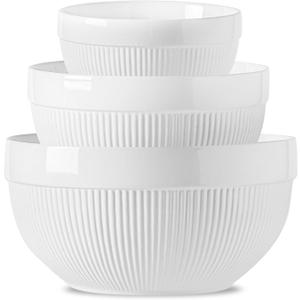 Large Ceramic Mixing Bowls, White Kitchen Bowls (1QT/2.3QT/4.6QT), Set of 3 Nesting Bowls for Baking, Cooking, Serving, Prepping, Dough Bread Making Bowl, Microwave and Dishwasher Safe