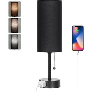 Dott Arts Table Lamp for Bedroom, 3-Color Bedside Lamps with Pull Chain, Bedroom Table Lamps for Nightstand,AC Outlet Small Lamp for Living Room, Bulb Included Black (15 in)