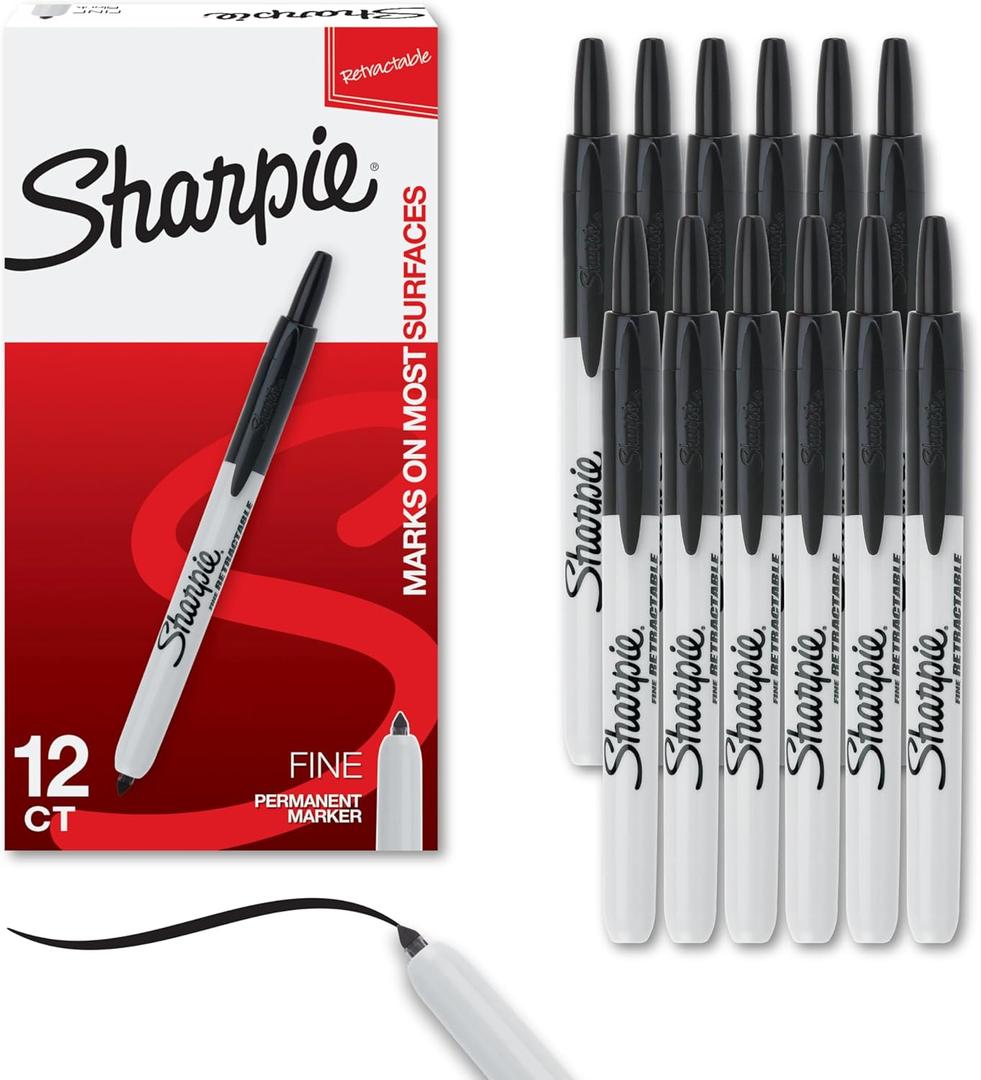 Sharpie Retractable Permanent Markers, Fine Tip, Black, 12 Count - Desk, Classroom, Office Supplies