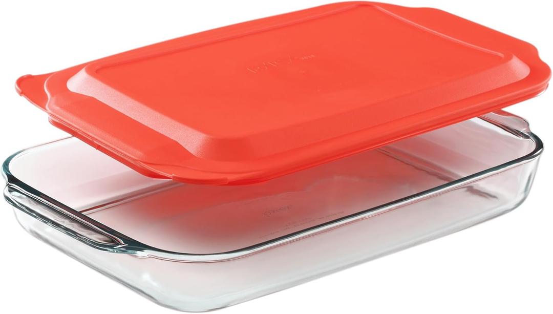 Qyrex Basics 3 QT Glass Baking Dish With Plastic Lid, Casserole Dish, Glass Food Container, Oven, Freezer And Microwave Safe, Clear Container