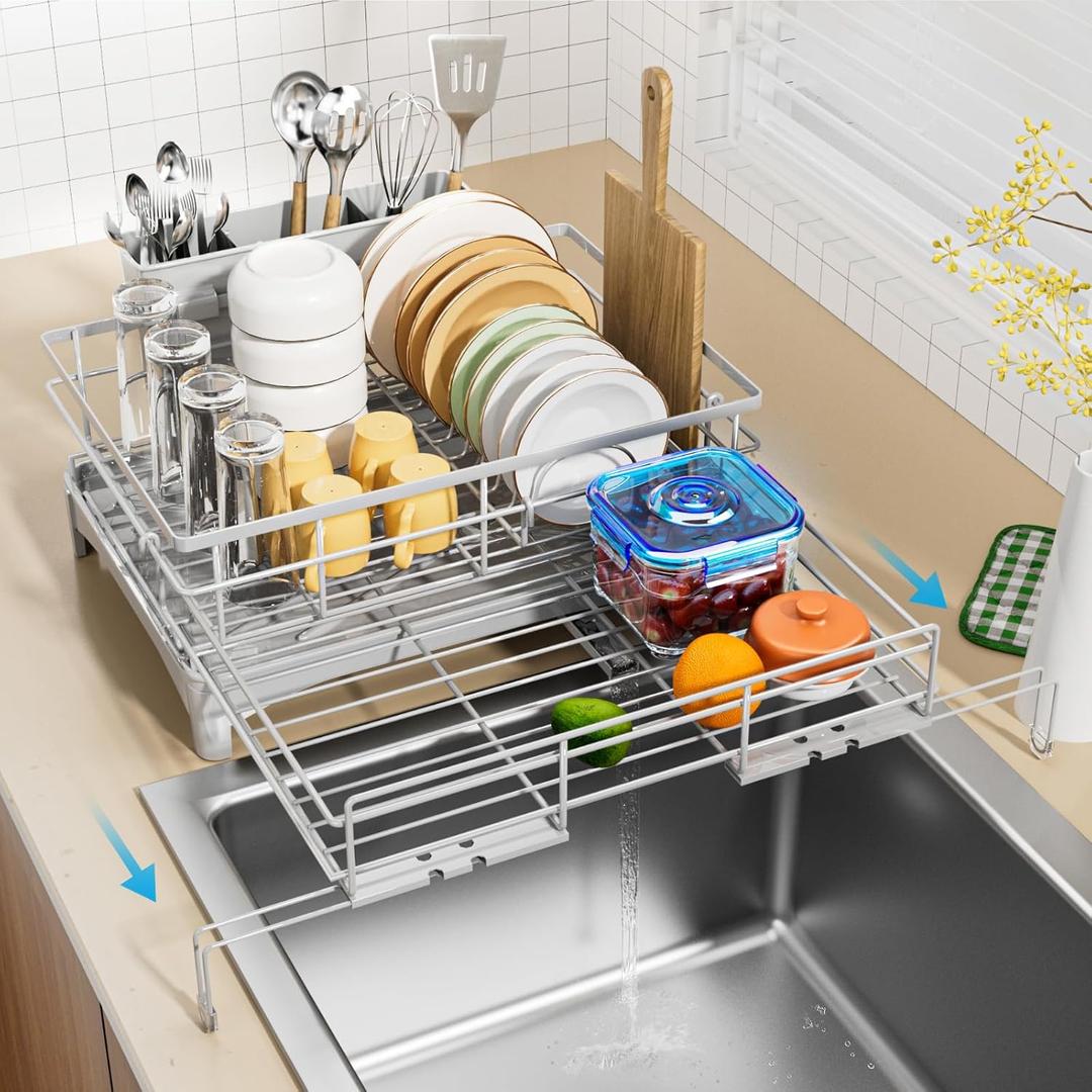 Dish Drying Rack - Expandable Rack, Large Capacity Dish Drainer for Kitchen Counter, Rust-Proof with Utensil Holder, Gray