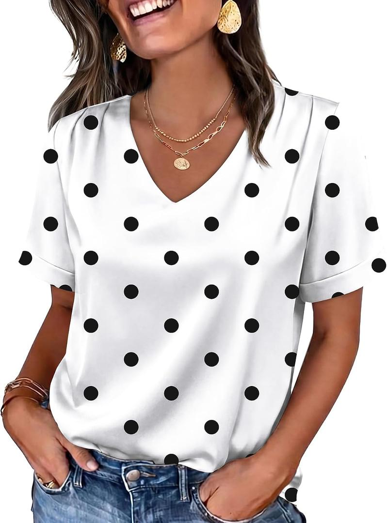 WIHOLL Work Blouses for Women Dressy Casual Summer Tops V Neck Short Sleeve Shirts, Small