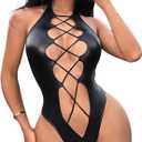 OYOANGLE Women's PU Leather Criss Cross Lingerie Halter Bodysuit Cut Out Backless Rave Body Suits (Large, Black)