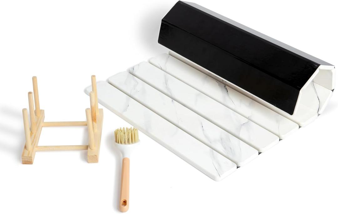 Hycrest HavenMat  Large Stone Dish Drying Mat (24x16) with Bamboo Rack & Brush | Quick-Dry Diatomite Counter Mat for Dishes, Glassware, Plants & Pets | Grey Kitchen Drying Stone (Marble)