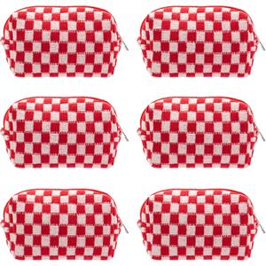 PAZIMIIK Checkered Makeup Bag for Purse Portable Zipper Make Up Pouch Small Cosmetic Case for Travel Accessories (6PCS Red)
