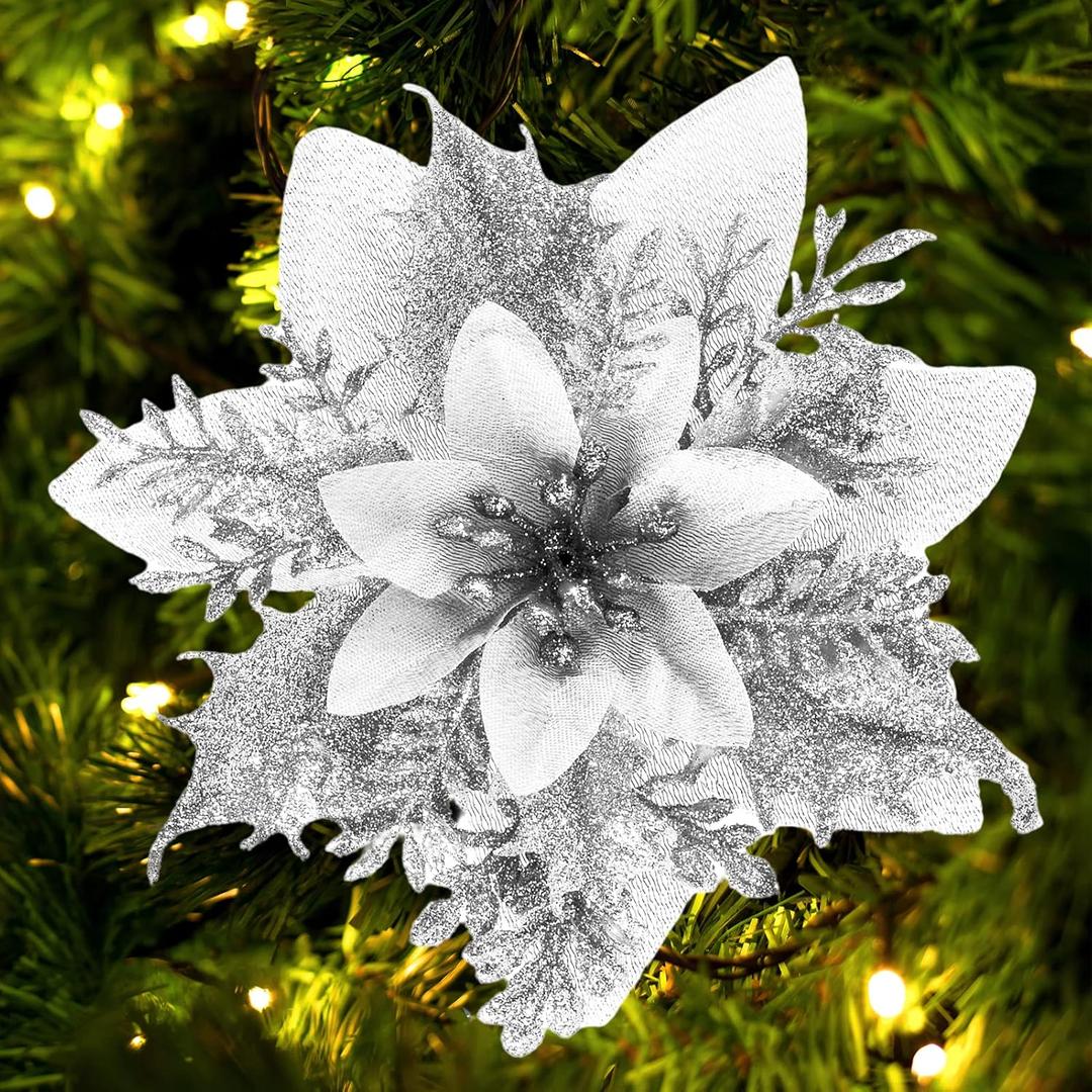 Christmas Poinsettia Artificial Flowers Decorations 5.5" Christmas Tree Wreaths Garland Decoration 12 Pcs Glitter Flowers Picks Decor for Xmas New Year Wedding Party Ornaments (Silver)
