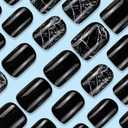 2 x Black Press-On Short Square Fake Nails With Design - Solid Color Stick-On Cracks False Full Cover Glue-On Reusable Glossy Acrylic for Women Girls Manicure - 24pcs