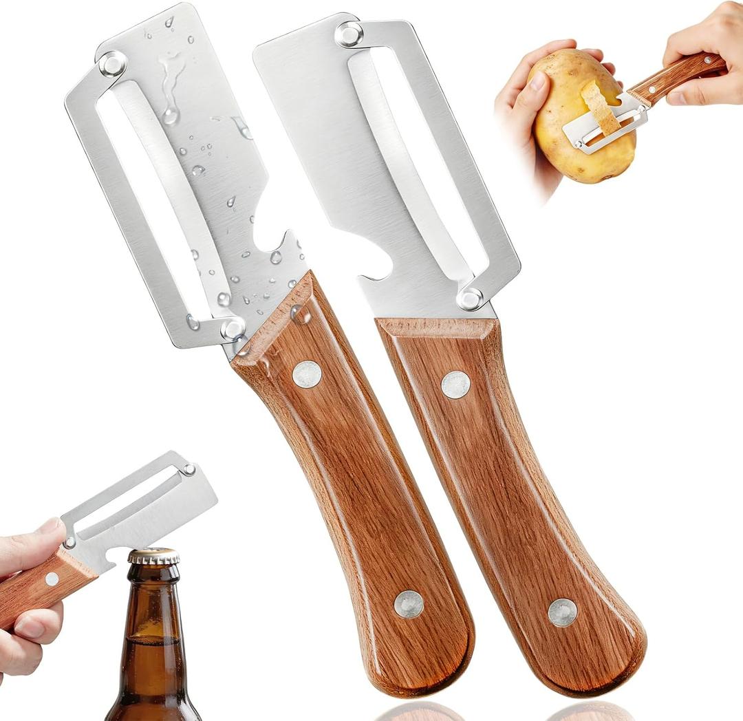 3 x Left & Right Hand Vegetable Peeler Set with Bottle Opener, Thickened Stainless Steel Wide Blade for Smooth Peeling, Wooden Handle Kitchen Peeler for Fruits & Vegetables