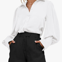 BTFBM Women Satin Button Down Shirts Summer Spring Lantern Long Sleeve Lapel V Neck Blouse Loose Casual Office Work Tops, S